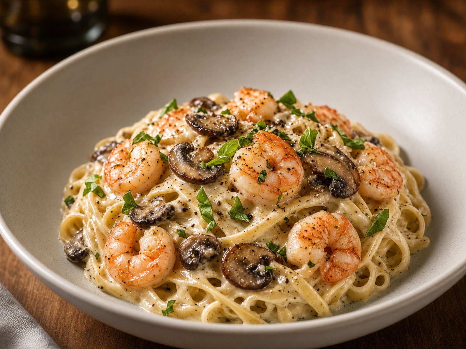 Fettuccine Alfredo with shrimp and mushrooms