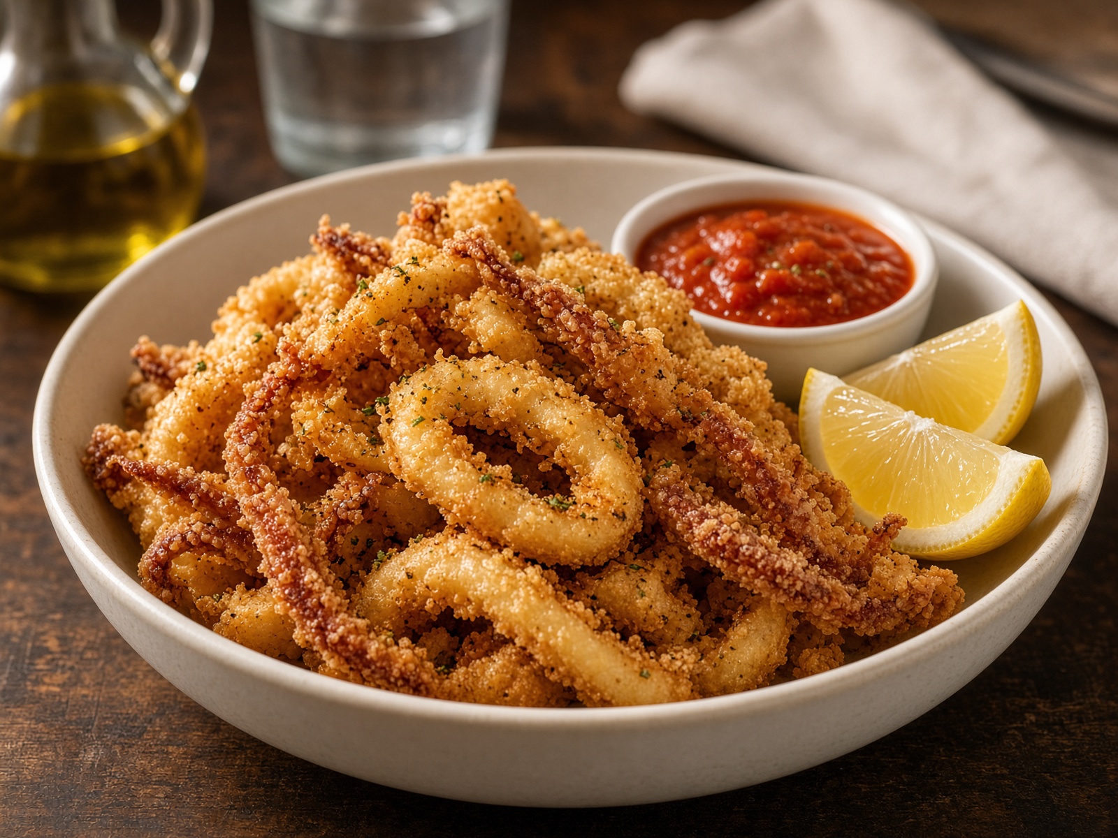Fried calamari with lemon and marinara