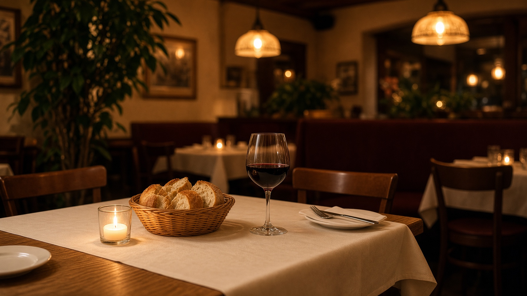 Dining room at Chovy's with wood tables, bread, and wine