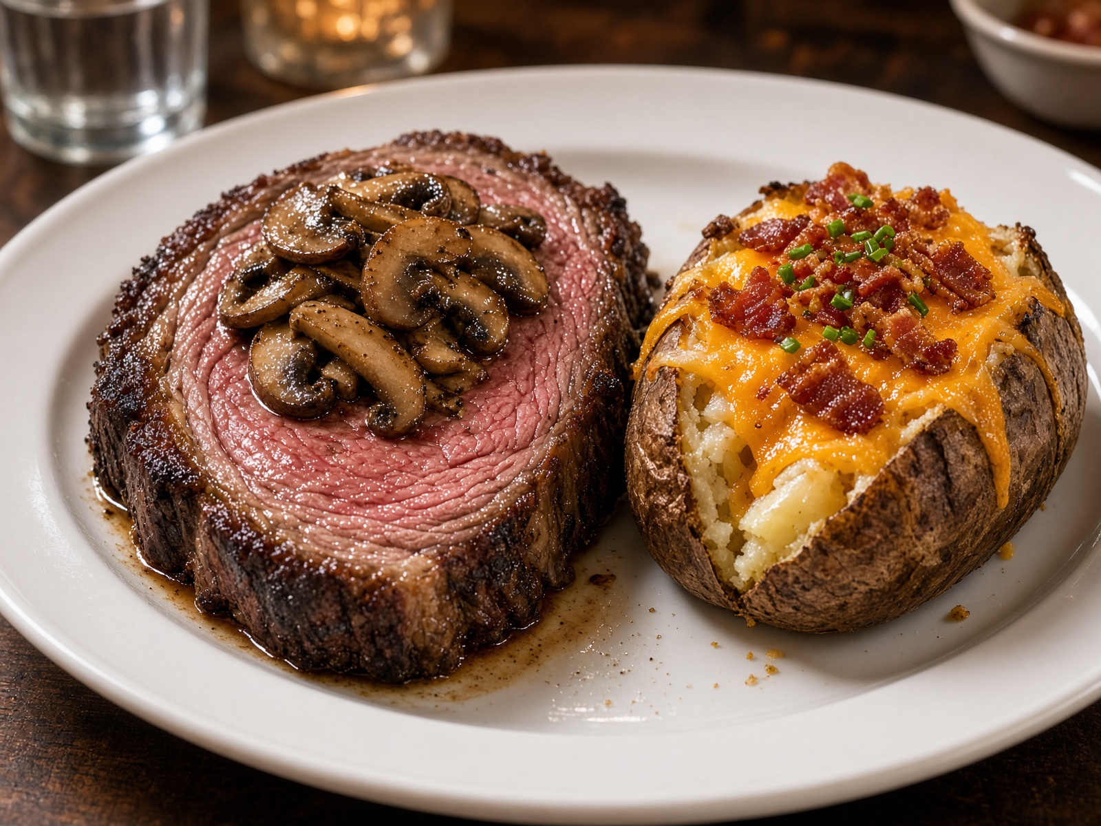 Prime rib with mushrooms and a baked potato