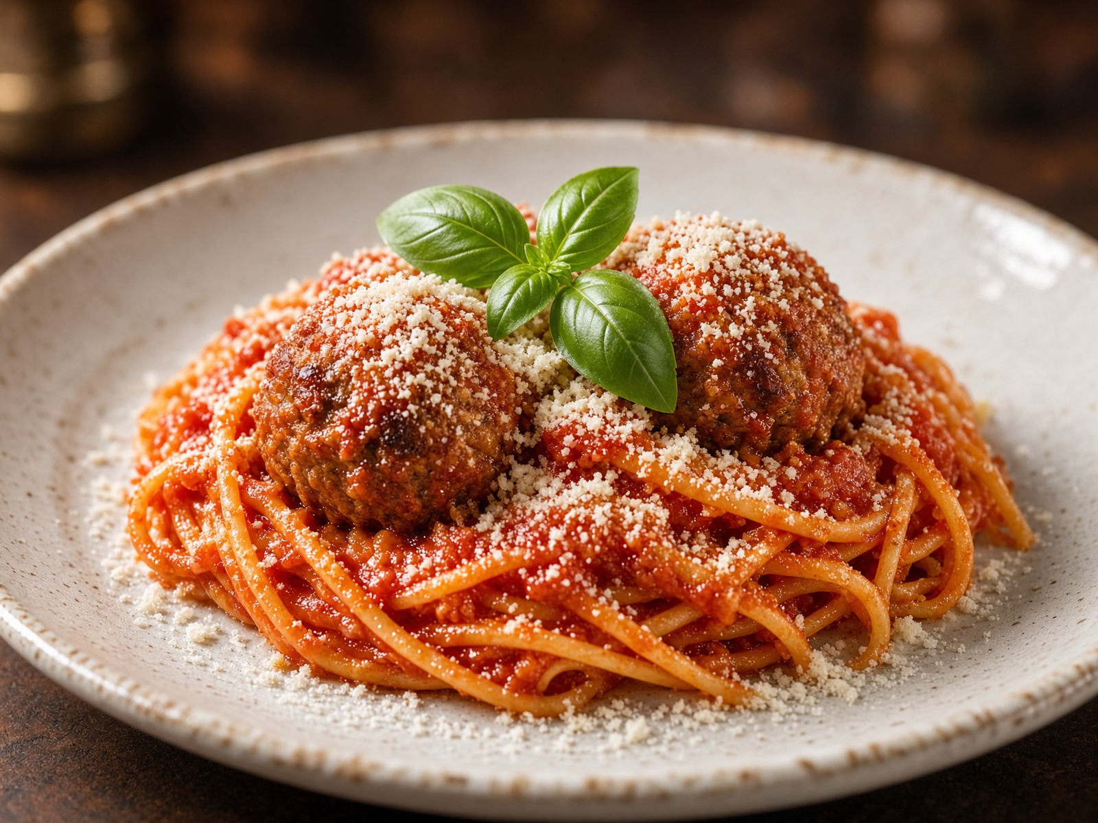 Spaghetti and meatballs in tomato sauce with basil